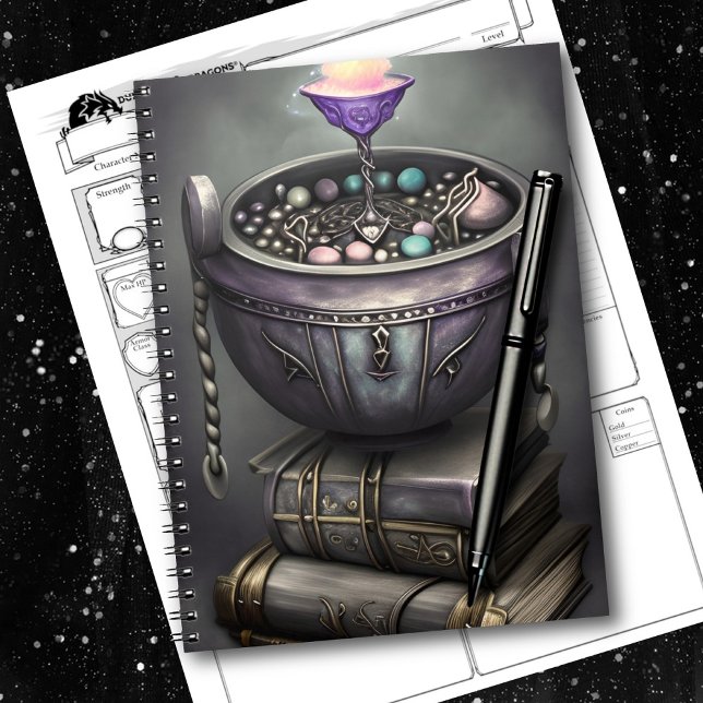 Caderno Espiral Antiguamente Steampunk Cauldron na Pilha de Livros (Criador carregado)