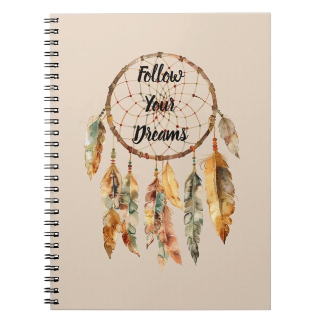 Caderno Espiral Apoiador de Sonhos com Penas Boho Creme (Frente)