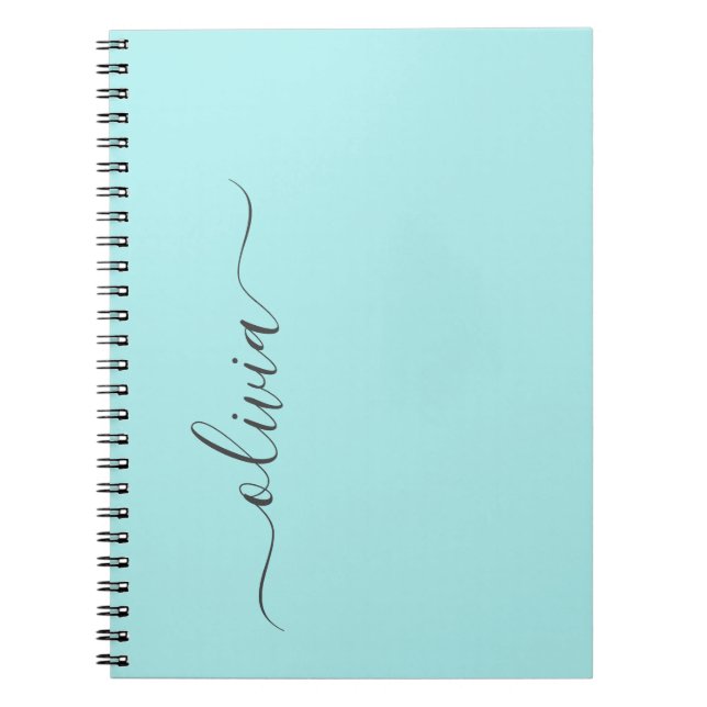 Caderno Espiral Aqua Blue Teal Modern Script Girly Monographic Nam (Frente)