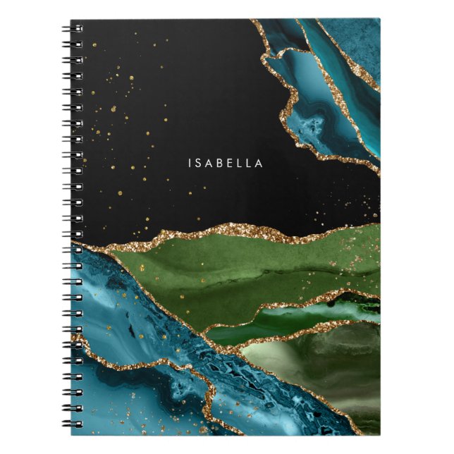 Caderno Espiral Aqua personalizado/Agato verde com veias Douradas (Frente)