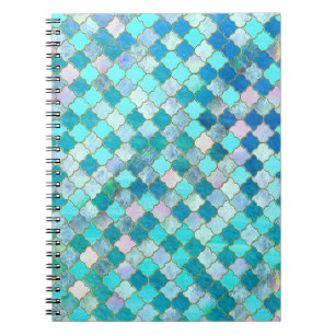 Caderno Espiral Aqua Teal Dourado Padrão do Azulejo marroquino Ori