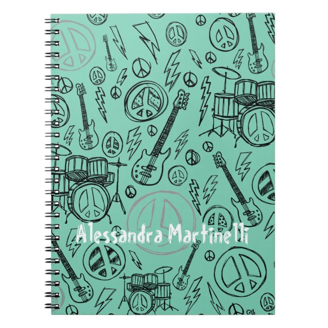 Caderno Espiral Aqua Teal Music Doodles Guitars & Drums Personaliz (Frente)