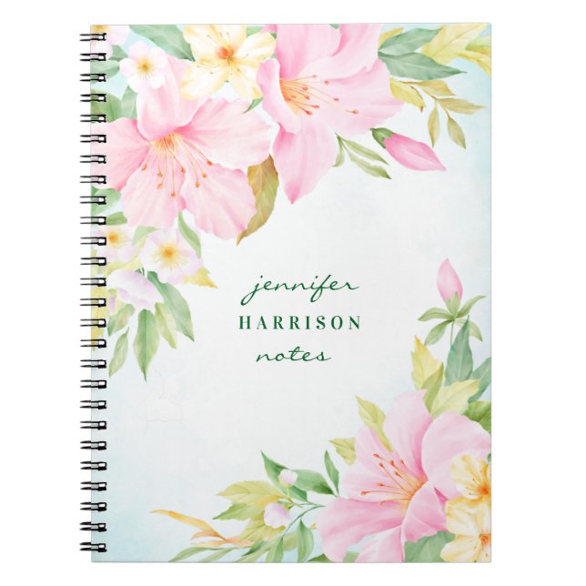 Caderno Espiral Aquarela Buquê Lily Turquoise Rosa Floral (Frente)
