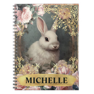 Caderno Espiral Aquarela Coelho Branco Vintage e Rosas Pink