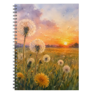 Caderno Espiral Aquarela Dandelions no pôr do sol Meadow Paisagem