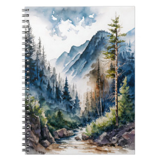 Caderno Espiral Aquarela de Paisagem de Florestas Montanhosas