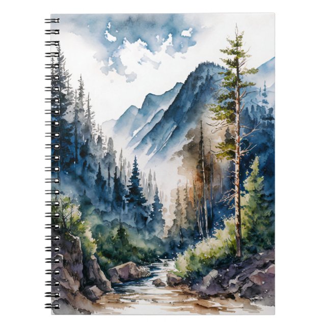 Caderno Espiral Aquarela de Paisagem de Florestas Montanhosas (Frente)
