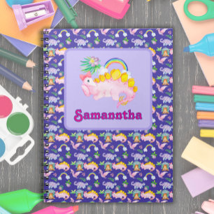 Caderno Espiral Aquarela Dinossauro Rosa Fofo com Laço
