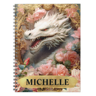 Caderno Espiral Aquarela Dragão Branco Vintage e Rosas Pink