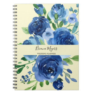 Caderno Espiral Aquarela Floral Moderno Azul Naval Amarelo Negócio