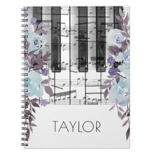 Caderno Espiral aquarela flores azuis piano