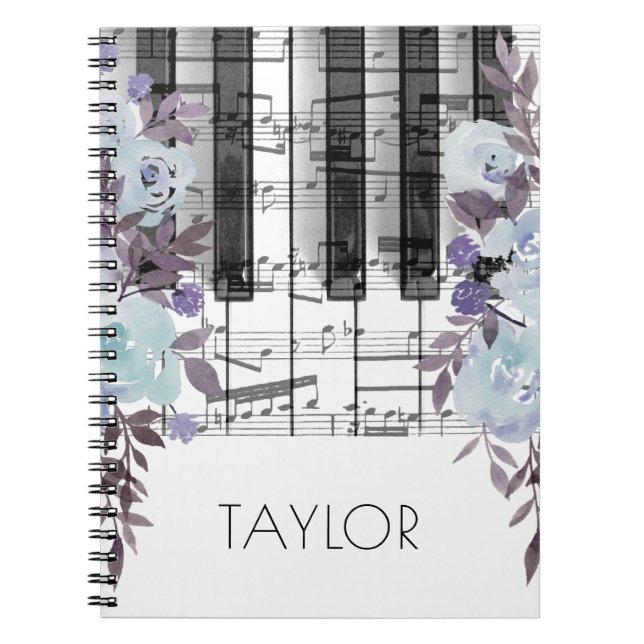 Caderno Espiral aquarela flores azuis piano (Frente)
