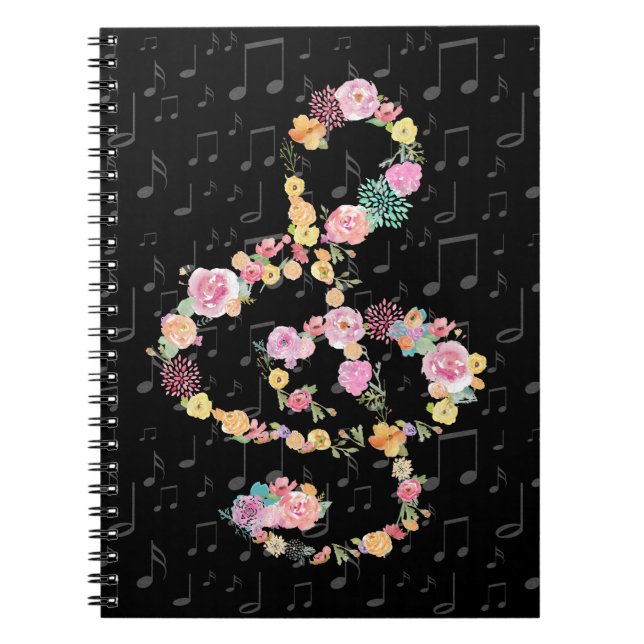 Caderno Espiral aquarela flores musicais clef a preto (Frente)