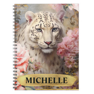 Caderno Espiral Aquarela Leopardo Branco Vintage e Rosas Pink