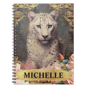 Caderno Espiral Aquarela Leopardo Branco Vintage e Rosas Pink