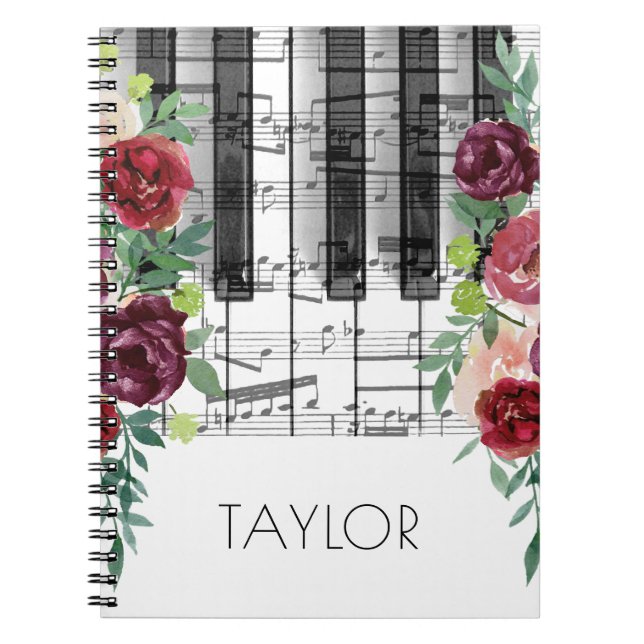 Caderno Espiral aquarela marsala flores vermelhas piano (Frente)