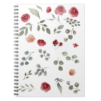 Caderno Espiral Aquarela Rosas de Aquarela Folhas Verdes Folhas