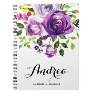 Caderno Espiral Aquarela Rosas Roxos Personalizados Botânicos