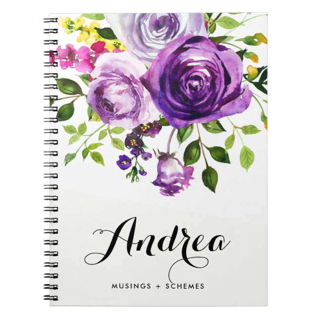 Caderno Espiral Aquarela Rosas Roxos Personalizados Botânicos (Frente)