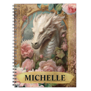 Caderno Espiral Aquarela Vintage Dragão Branco e Rosas Pink