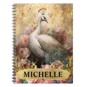 Caderno Espiral Aquarela Vintage Pavão Branco e Rosas Pink