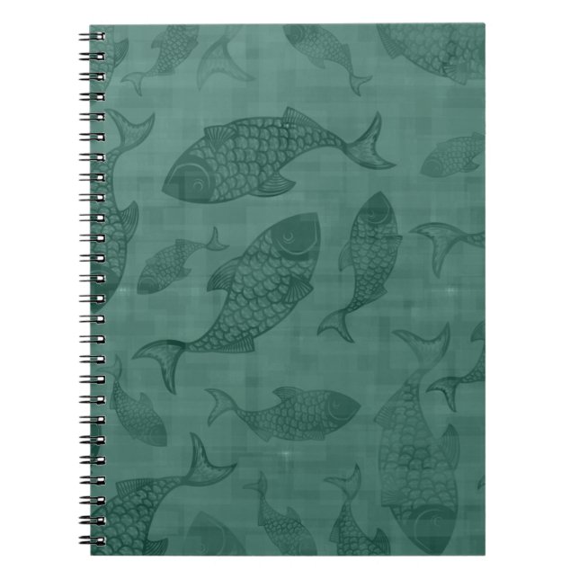 Caderno Espiral Aquatic Fish Stencil Art Teal Bokeh Pattern (Frente)
