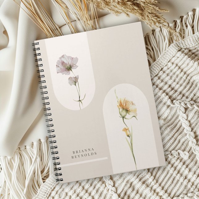 Caderno Espiral Arches Simples Bóho Flores Selvagens em bege Neutr (Criador carregado)