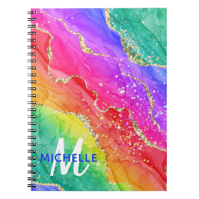 Caderno Espiral Arco-Íris Brilhante e Monograma de Agitação Cintil (Frente)