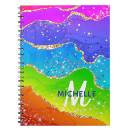 Caderno Espiral Arco-íris Brilhante & Monograma de Ágata com Brilh