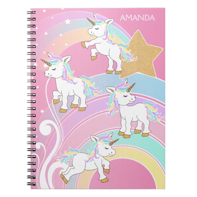 Caderno Espiral Arco-Íris Mágico Rosa 🦄 Unicórnios (Frente)