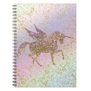 Caderno Espiral Arco-íris Pastel Dourado Glitter Unicórnio Meninas