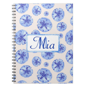 Caderno Espiral Areia azul dólar aquarela nome personalizado do mo