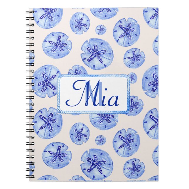 Caderno Espiral Areia azul dólar aquarela nome personalizado do mo (Frente)