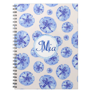 Caderno Espiral Areia azul dólar aquarela nome personalizado do mo