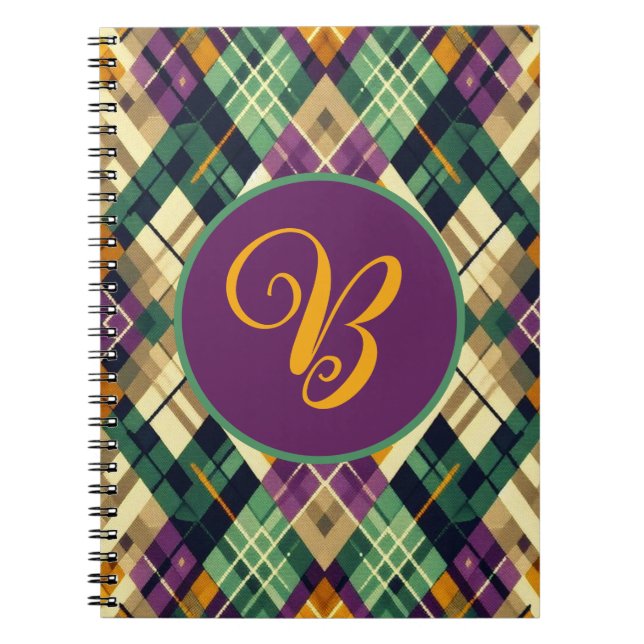 Caderno Espiral Argyle Mardi Gras verde-roxo amarelo (Frente)