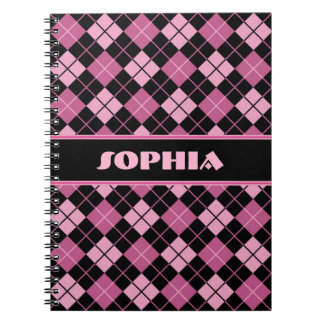 Caderno Espiral Argyle preto e cor-de-rosa