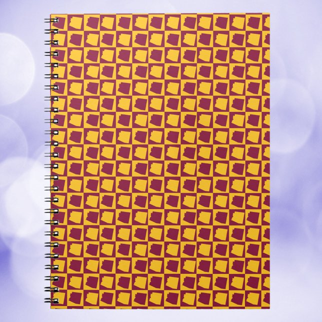 Caderno Espiral Arizona Checkerboard Maroon Gold Pattern (A notebook with a pattern of maroon and gold checkerboard with the US state of Arizona.)
