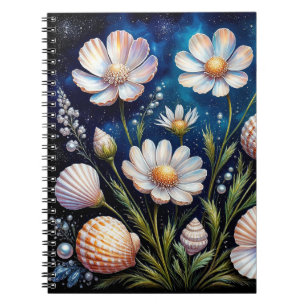 Caderno Espiral Arranjo Floral Elegante com Conchas Marinhas