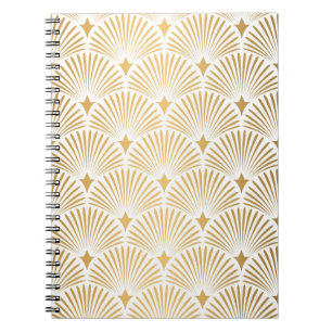 Caderno Espiral Art Deco: Elegância Dourada-Branca.