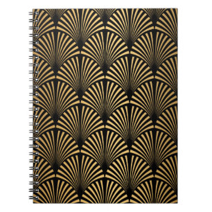 Caderno Espiral Art Deco: Escalas Douradas Pretas.