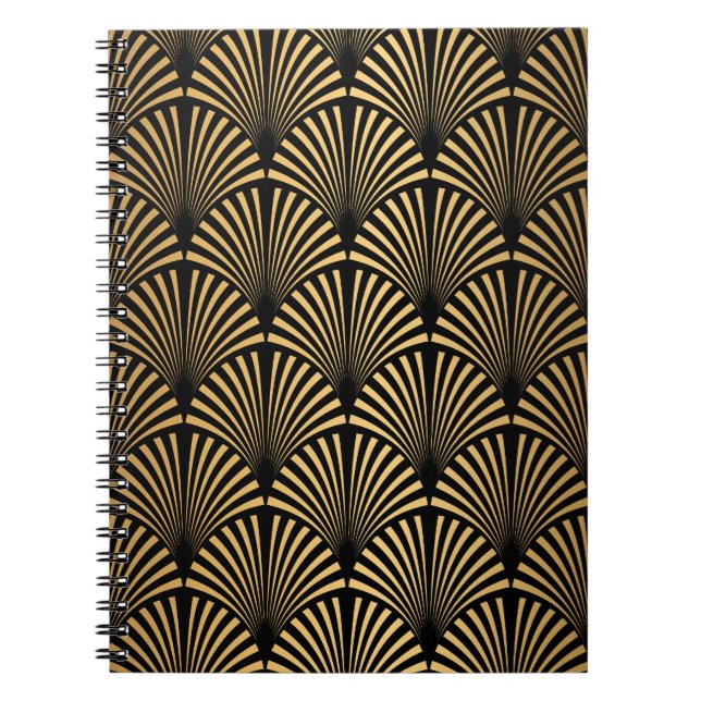 Caderno Espiral Art Deco: Escalas Douradas Pretas. (Frente)