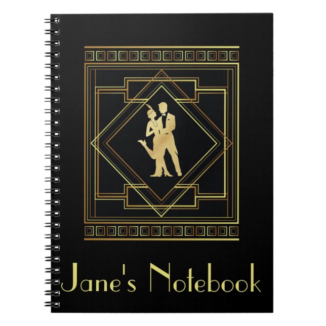 Caderno Espiral Art Deco - Gatadeiras pretas e douradas, por 1920 (Frente)