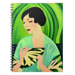 Caderno Espiral Art Deco Lady with a Fan Green