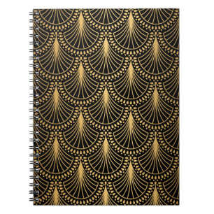 Caderno Espiral Art Deco, ouro negro, padrão sem costura.