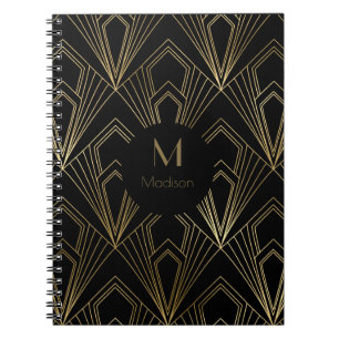 Caderno Espiral Art Deco - Padrão Geométrico Dourado e Preto
