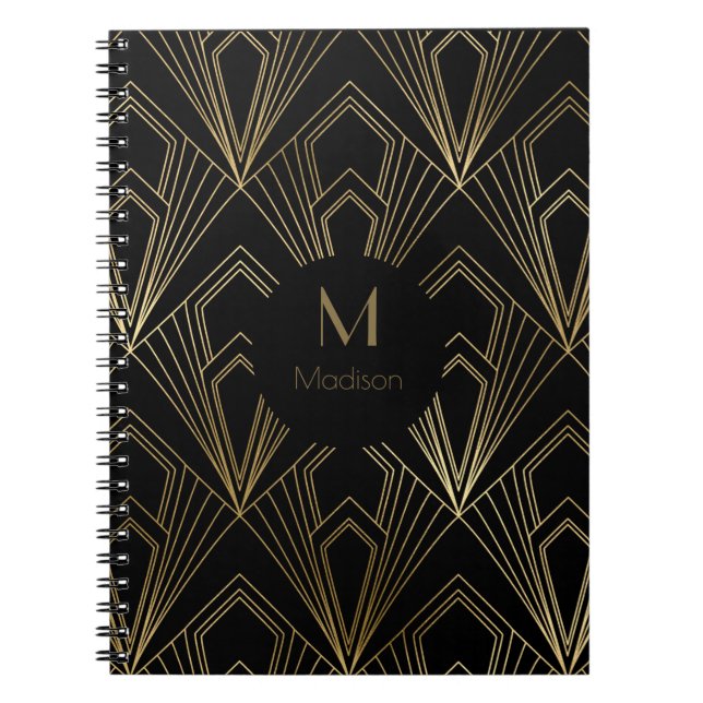 Caderno Espiral Art Deco - Padrão Geométrico Dourado e Preto (Frente)