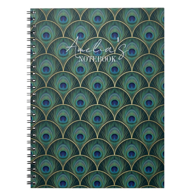 Caderno Espiral Art Deco Peacock Feather Pattern in Teal & Gold (Frente)