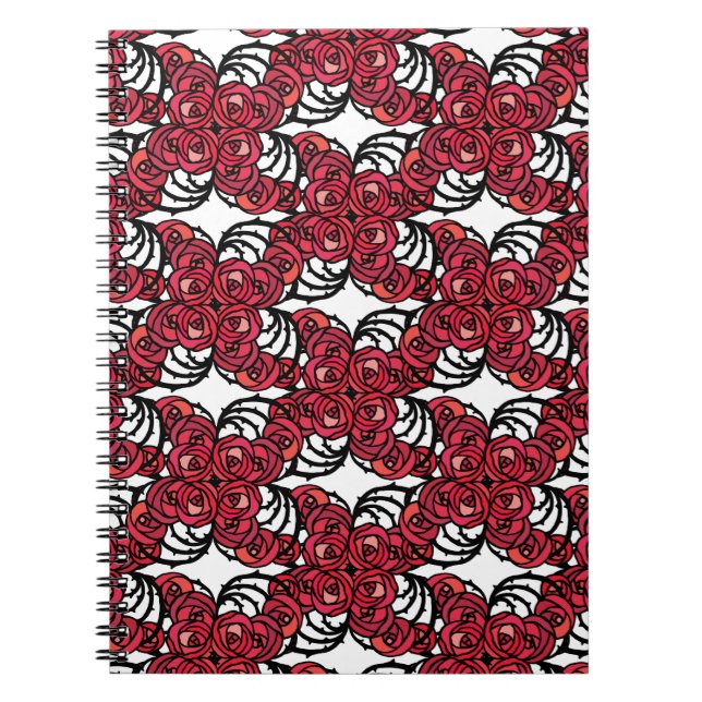 Caderno Espiral Art Nouveau Floral, vermelho e rosa preto, design (Frente)