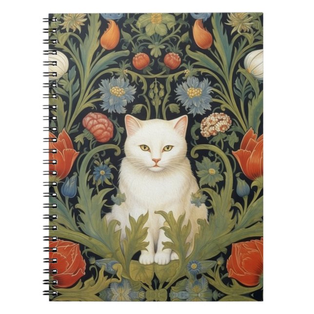 Caderno Espiral Art nouveau, gato branco no jardim (Frente)