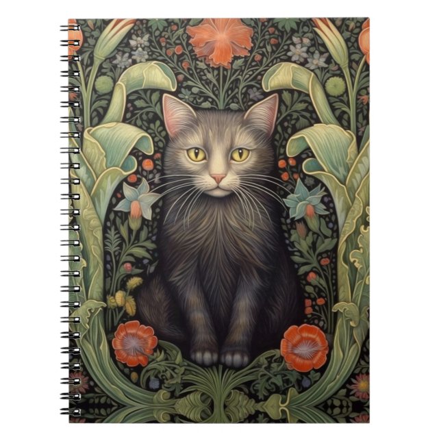 Caderno Espiral Art nouveau gato preto e flores vermelhas (Frente)